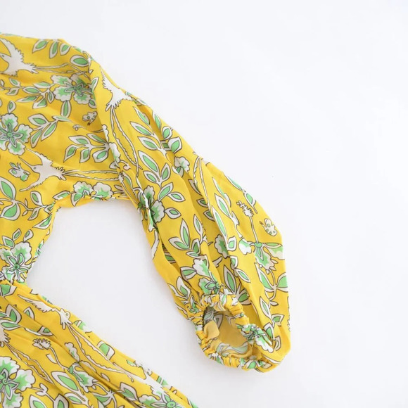 Rhode Resort Ella Printed Long-Sleeve Yellow Floral w Bird Motif Midi Dress M - Picture 8 of 12